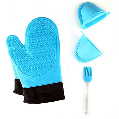 Jonhen - Guantes de Horno de Silicona Resistentes al Calor, Antideslizantes con Forro de algodón para cocinar. 1 par de Guantes de Horno, Pincel Extra y portaollas (Azul)