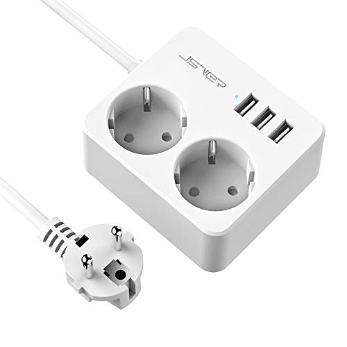 JSVER Enchufe USB con 3 Puertos de USB y 2 Tomas Alargador Regleta Proteccion Sobretension Enchufe Viajar Alargador Multiple Carga para Samsung iPad iPhone Tablets - Cable 1.5 m Blanco