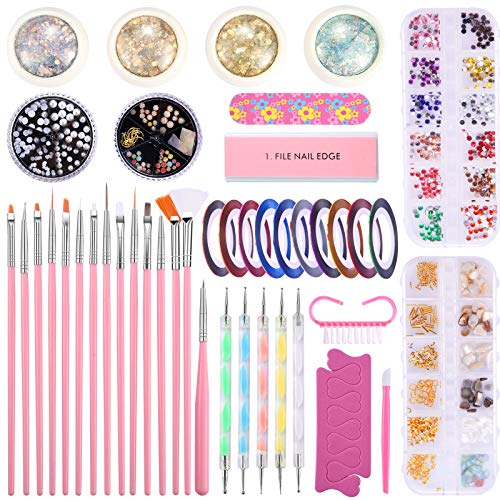 juehu 44 piezas Kit de Diseño de Arte de Uña Cintas Adhesivas Uñas, cáscara Uñas de Estrás Kit de Herramientas para Manicura Accesorios uñas purpurinas para decoración de diseño de uñas