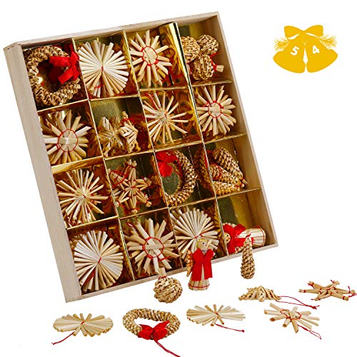 KATELUO Decora del Arbol De Navidad,Conjunto de Estrellas de Paja Navidad,Paja Colgantes de para Navidad, para Colgantes y Adornos navideños Elegantes, Adornos para árboles de Bricolaje. (56pcs)