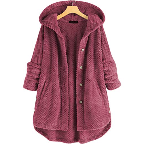 Katenyl Abrigo de felpa con capucha de color sólido para mujer Moda informal Chaqueta de abrigo cómoda de un solo pecho de media longitud de talla grande 5XL