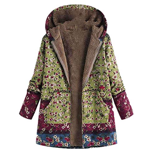 KCatsy Mujer Plus Size Abrigo Casaca Parka Chaquetas Capucha de Azteca/Floral/Punto/Hojas Franela étnica Peludo Forro Cremallera Ropa de Abrigo(E-Verde Floral,L(ES 38))