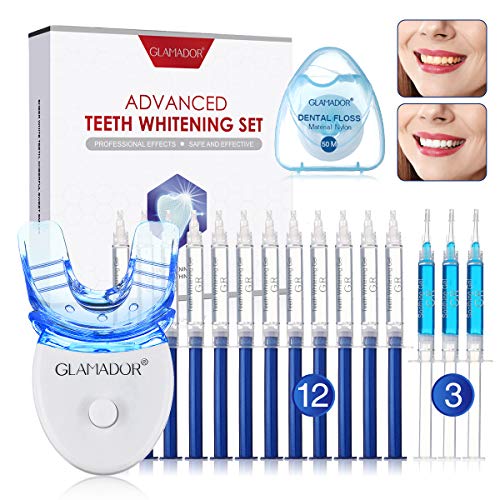 Kit de Blanqueamiento Dental-GLAMADOR Blanqueador Dental Profesional Gel con Luz LED-12 * Gel Blanqueamiento,3 * Gel Calmante-Cuidado Dental Eficaz,Sin Dolor,Cuidado Dental Casero Perfecto