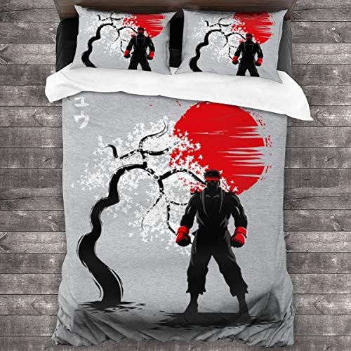 KUKHKU Street Fighter RYU - Juego de cama de 3 piezas de estilo japonés con funda de edredón de 86 x 70 pulgadas, tamaño Queen decorativo de 3 piezas con 2 fundas de almohada