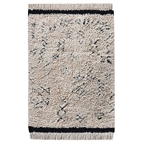 LaLe Living HIFA - Alfombra tejida a mano en color blanco y negro con estampado de ikat y flecos de algodón, 180 x 120 cm, para salas de estar, comedores, salones, habitaciones infantiles modernas