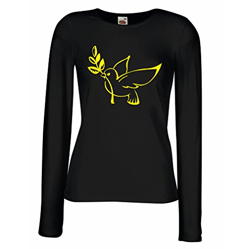 lepni.me Camisetas de Manga Larga para Mujer La Paloma y la Rama de Olivo - símbolos de la Paz (Large Negro Amarillo)
