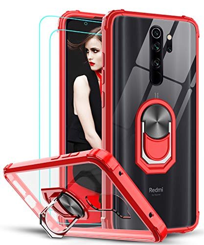 LeYi Funda Xiaomi Redmi Note 8 Pro con [2-Unidades] Cristal Vidrio Templado,Transparente Carcasa con 360 Grados iman Soporte Silicona Bumper Antigolpes Armor Case para Movil Note 8 Pro,Clear Rojo