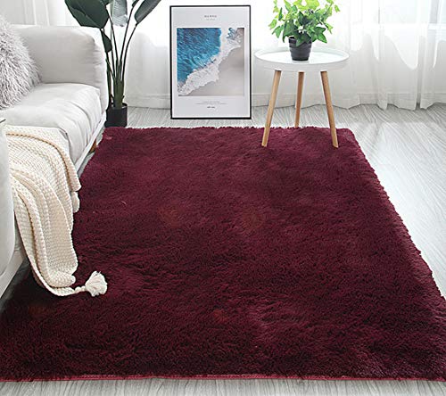 LIYINGKEJI Alfombras Modernas Super Suaves de la Pelusa, 80X120 CM, Dormitorio Sala de Estar Alfombra Antideslizante Alfombra de la Alfombra para el Juego de los niños Decora el (Vino Tinto)