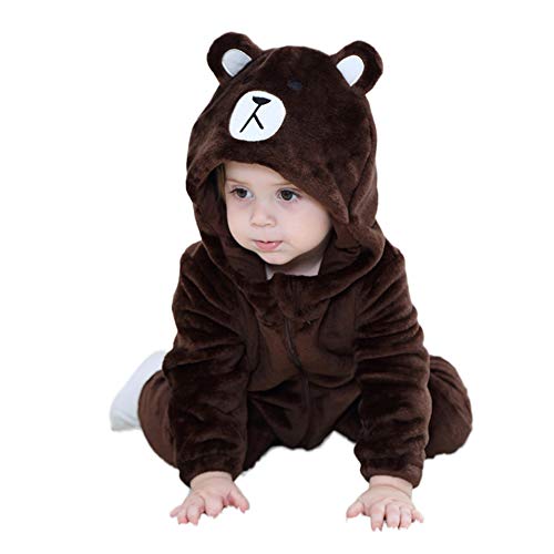 LSERVER Mameluco de Cosplay para Bebés Recién Nacidos Ropa de Arrastre Disfraz Unisexo de Franela con Capucha Estilo Animales, Oso Brown, 90 (Altura Recomendada:73-80cm)