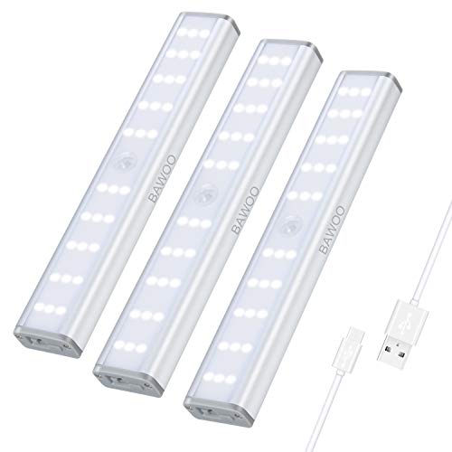 Luz Armario Sensor Movimiento Luces Gabinete 30 LED Luz Nocturna Recargable Bawoo 3 Luz de Noche 3 Brillo Luz de Armario Adhesivo Magnético Lámpara Cocina LED Wireless Lámpara Cocina Escalera Pasillo