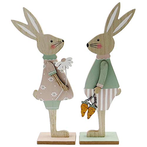 MACOSA HM64167 Conejos decorativos de madera, juego de 2 unidades, conejos de Pascua, decoración de Pascua, decoración de mesa