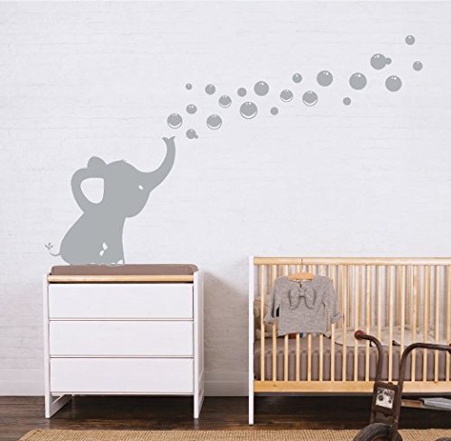 MAFENT Un Adorable Elefante Soplar Burbujas Wall Decal Vinilo Etiqueta de la Pared Para Cuarto de Niños Bebe Habitación Decoraciones (Gris,Derecho)