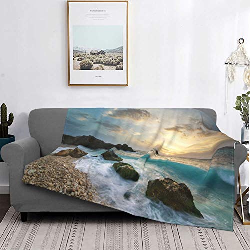 Manta de Tiro Ligero Suave Lana Calentar,Océano, paisaje marino, composición, de, naturaleza, rocas, olas, cielo nublado, sol naciente, playa, foto,Toda la Temporada Sofá Cama Edredón,60" X 50"