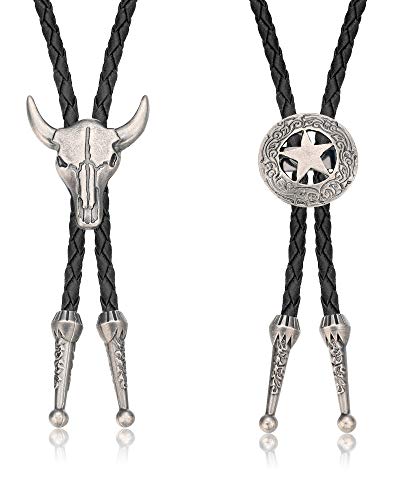 Milacolato 2Pcs Leather Tie Necktie Cow Skull Texas Ranger Star Chain para Hombres Rodeo Bolo Tie Neckie