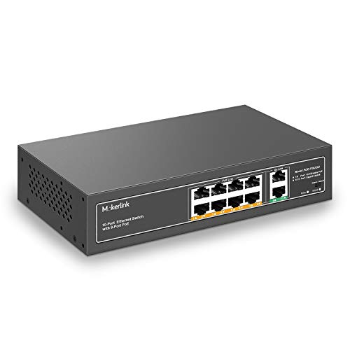 mokerlink 10 Puertos PoE Switch, 8 PoE+ 100Mbps, 2 Gigabit Uplink, 120W 802.3af/at, Metal, Sin Ventilador, Plug & Play