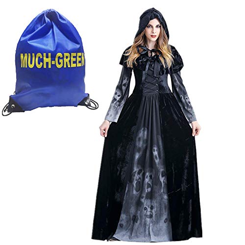 Much-Green Bruja Disfraz Vampiresa de Mujer Halloween,Vestido de Calavera Vampira para Disfraces Fiesta(Negro,L)