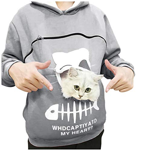 Mujeres Sudadera Portador de Mascotas Sudadera Canguro con Capucha Niña Jersey Bolsillo Funcional de Gato Ropa Tumblr Adolescente Chica Streetwear HULKY(Gris,XXXL)