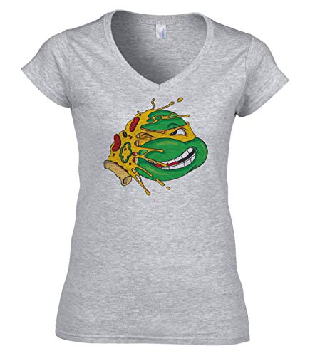 Nothingtowear Tortuga Ninja Pizza Divertido T-Shirt V- Neck Camiseta con Cuello de Pico Mujer Gris XL