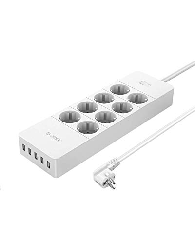 ORICO Regleta Enchufes de 8 Tomas con 5 USB Puertos (Super Charger) - Inteligente Tecnología IC con Múltiples Protección - Carga para Samsung iPad iPhone Tablets y Otros Dispositivos - Blanco