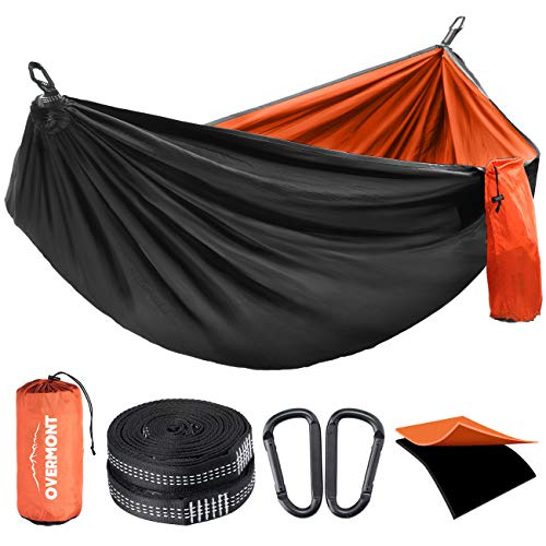 Overmont Hamaca Camping Viaje Dobles Capas Máx 400kg Capacidad de Carga (270x140cm) Nylon Paracaídas|2 Mosquetones Premium|2 Correas de Nylon |Hamaca Interior Exterior Patio Beach Senderismo (Negro)