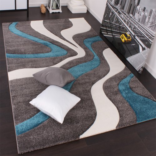 Paco Home Alfombra De Diseño Perfilado - Estampado De Ondas - Gris Turquesa Blanco, tamaño:160x230 cm