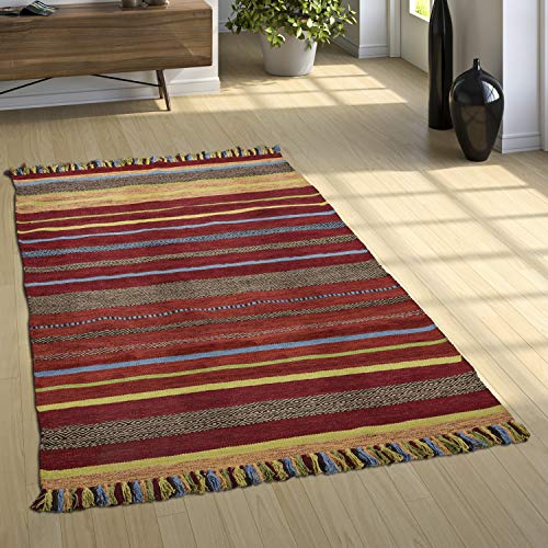 Paco Home Alfombra Diseño Kilim Tejida A Mano 100 % Algodón Moderna A Rayas Multicolor, tamaño:120x170 cm