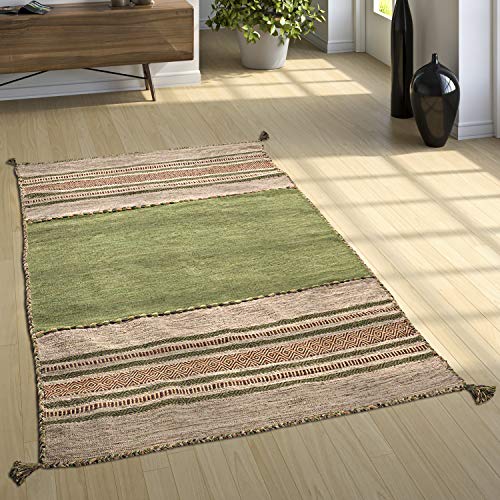 Paco Home Alfombra Diseño Kilim Tejida A Mano 100 % Algodón Moderna Estampada Verde, tamaño:240x340 cm