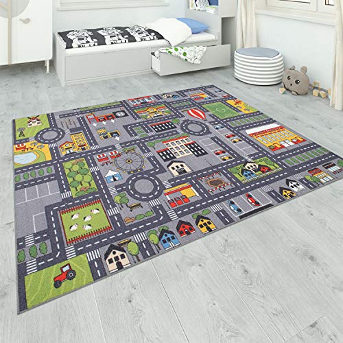 Paco Home Alfombra Habitación Infantil Gris Juegos Diseño Calles Niñas Niños, tamaño:160x220 cm, Color:Gris 2