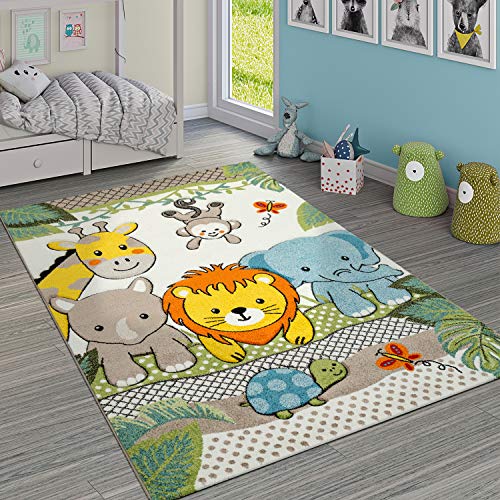 Paco Home Alfombra Infantil Adorable Zoo Alegre Animales Selva Efecto 3D En Verde, tamaño:120x170 cm