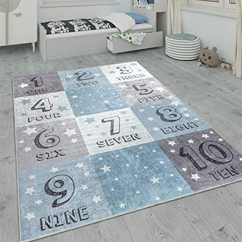 Paco Home Alfombra Infantil, Alfombra Habitación Infantil Lavable con Motivos De Estrellas, Luna Y Cuadros, tamaño:140x200 cm, Color:Azul 2