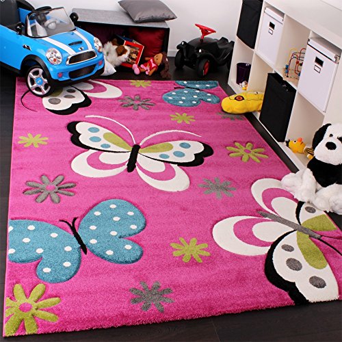 Paco Home Alfombra Infantil - Diseño De Mariposas Verde Rojo Gris Negro Crema Rosa, tamaño:80x150 cm