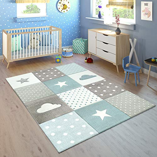 Paco Home Alfombra Infantil Habitación Cuadros Puntos Nubes Estrellas Pastel Azul Gris, tamaño:120x170 cm