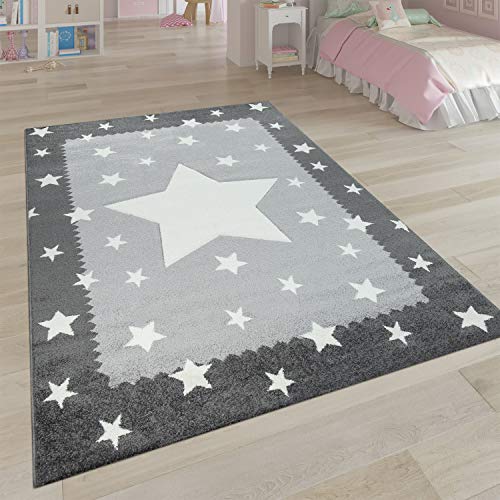 Paco Home Alfombra Infantil Habitación Infantil 3D Adorable Ribetes Diseño Estrellas Gris Blanco, tamaño:80x150 cm