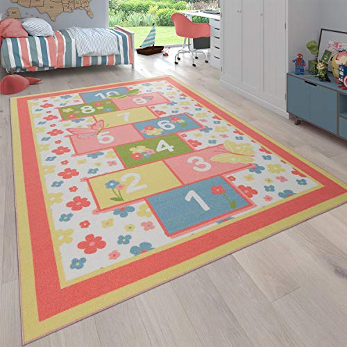 Paco Home Alfombra Infantil Habitación Infantil Alfombra Juegos con Flores, Rayuela, Rosa, tamaño:120x160 cm