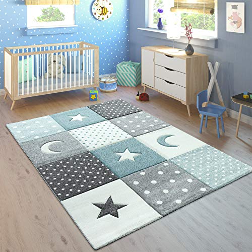 Paco Home Alfombra Infantil Pastel Cuadros Puntos Corazones Estrellas Blanco Gris Azul, tamaño:160x230 cm