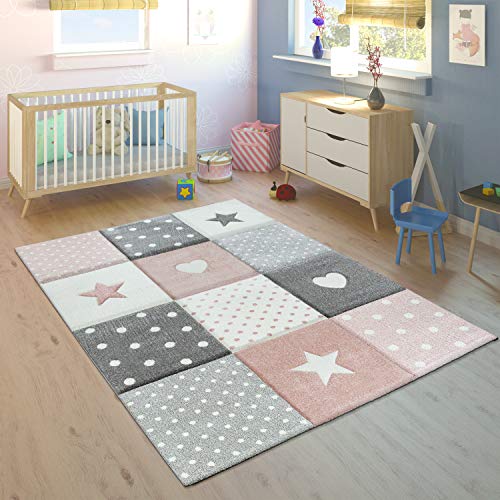 Paco Home Alfombra Infantil Pastel Cuadros Puntos Corazones Estrellas Blanco Gris Rosa, tamaño:120x170 cm