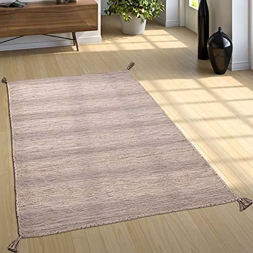 Paco Home Alfombra Natural Salón con Flecos, Moderna Tejida A Mano Kilim, 100 % Algodón, tamaño:80x150 cm, Color:Beisbolario