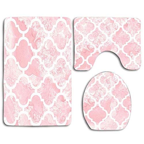 Patrón Abstracto Mármol Rosa Geométrica Curva Femenina Femenina Clásica Diseño de Rosa árabe Alfombra de baño Ligera Set 3PCS Alfombra de baño Antideslizante Contorno, tapete y Tapa de Inodoro