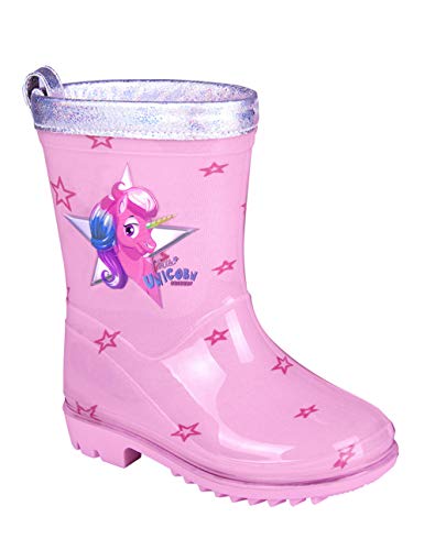 PERLETTI Botas de Agua para Niña Unicornio - Botines Impermeables de Moda Rosa con Estrellitas - Suela Antideslizante y Borde Plateado Iridiscente - Cool Kids (Rosa, 22)