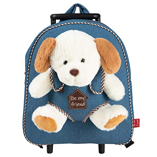 PERLETTI Mochila Trolley Infantil con Perrito de Peluche - Bolsa con Ruedas y Juguete Muñeco para Niños Niñas 3 4 5 Años - Pequeño Bolso Escolar para Escuela Guardería Viaje - 29x33x11 cm (Perro)