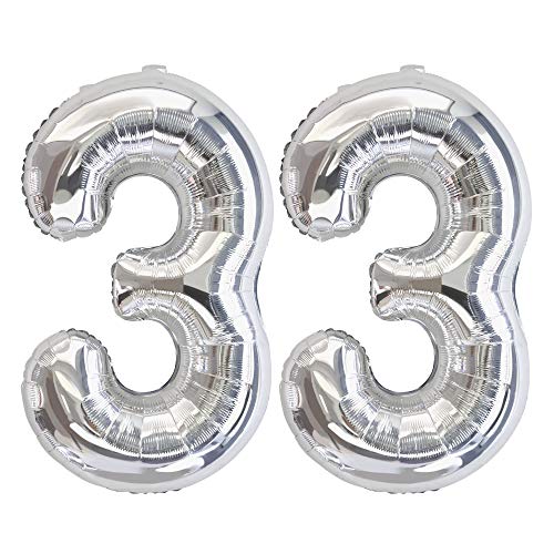 Ponmoo Foil Globo Número 33 Plata, Gigante Numeros 0 1 2 3 4 5 6 7 8 9 10-19 20-29 30-39 40 50 60 70 80 90 100, Grande Globos para La Boda Aniversario, Globo de Cumpleaños Fiesta Decoración