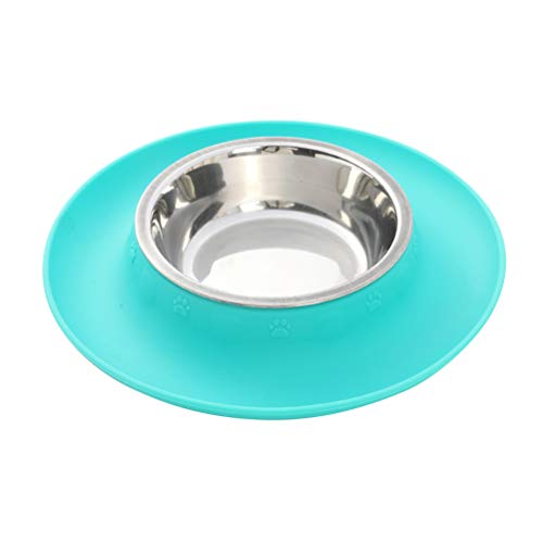 POPETPOP Comedero de Acero Inoxidable para Perro Gato con Alfombra Anti-desbordamiento Antideslizante de Silicona Mascota Alimentador de Comida y Agua - Tamaño L (Azul)