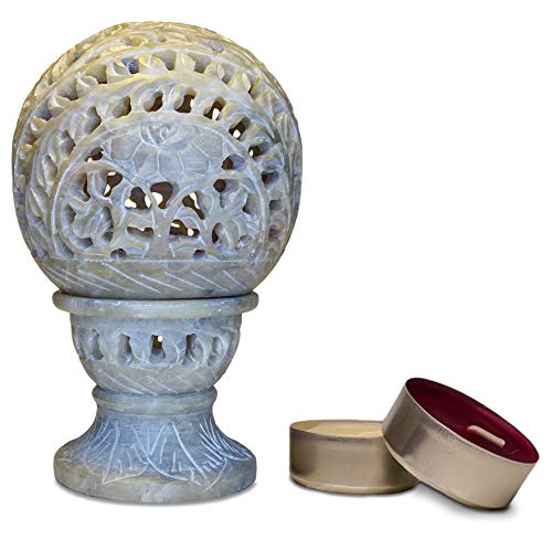 Portavelas Redondo de Piedra Esteatita con Soporte de Pie. Incluye 2 Velas Perfumadas. Diseño con Motivos Florales. Hecho a Mano / 12x8cm
