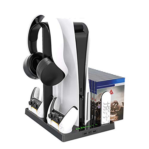 qoop Soporte Vertical para Playstation 5 con Estación De Carga De Ventilador De Refrigeración para PS5 Edición Digital/Consola Ultra HD con Controlador Cargador Estante De Juegos Organizador De