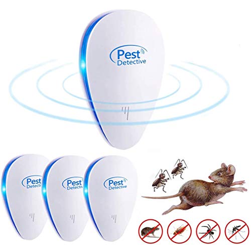 Repelente Ultrasónico, 4 Pack Plagas Control Interiores Repelente Ultrasónico de Plagas, Electrónico Ahuyentador Alta Potencia, para Interiores Mosquitos, Moscas, Ratones 100% Inofensivo para Humanos