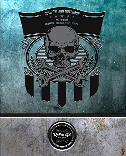 Retro Kid® - Composition Notebook, College Ruled: 200 pages (9-3/4" x 7-1/2): Edition - Vintage Retro Metal Skull Mechanic Stamp - Blue