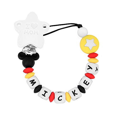 RUBY - Chupetero Personalizado para Bebe con Nombre Bola Silicona Antibacteriana con Pinza de Acero Inoxidable cubierta de Silicona, Chupetero Mickey (negro)