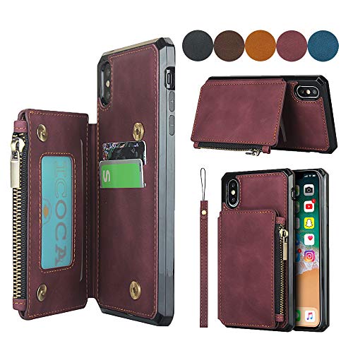 SailorTech Funda de Cartera para iPhone XS MAX Premium PU Funda de Cuero Zipper Case con Tarjeta Slots Wrist Strap Kickstand Flip Back Cover Púrpura