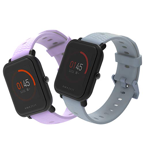 SenMore Correa para Amazfit Bip Younth - 20mm Silicona Pulsera Impermeable Correas de Repuesto para Galaxy Watch 42mm, Gear S2 Classic, Huami Amazfit Bip (20MM,2PCS Purple-Gray)