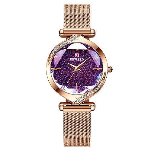 Shalwinn Reloj Mujer Diamante De ImitacióN Cielo Estrellado Reloj Acero Inoxidable Impermeable Elegante Moda Ocio Reloj De Regalo De Cuarzo,32mm,Oro Rosa&Azul